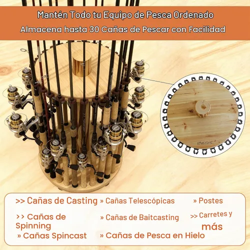 Vista 3 de Rush Creek Creations Soporte redondo giratorio para 30 cañas de pescar - Fácil montaje - Rotación de 360 grados, Madera rústica clara, 37-0030