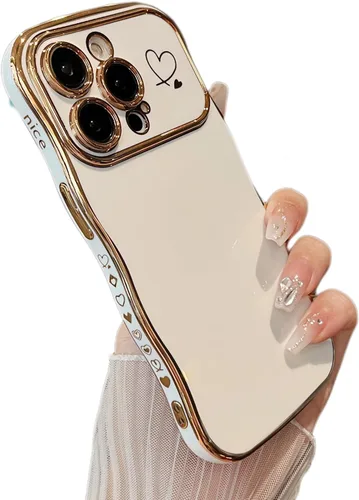 Vista 11 de ZTOFERA Funda para iPhone 11 de 6.1 pulgadas, bonita funda con marco ondulado rizado con patrón de corazón de amor, borde chapado de lujo