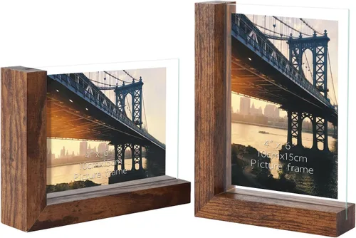 Vista 12 de Lavezee Paquete de 2 marcos de fotos de 4 x 6 pulgadas, hechos de base de madera negra en forma de L con vidrio, imágenes de fotos de doble cara