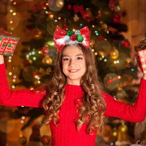 Vista 6 de Ecuupas Diadema de Navidad con lazo para el pelo, color rojo, brillante, verde, campana, diseño de tocado para mujeres, niñas, niños, invierno