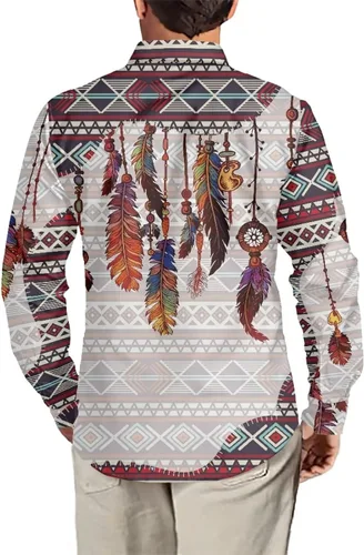 Vista 3 de Camisas aztecas grandes y altas para hombre, diseño étnico azteca tribal del suroeste, camiseta delgada de manga larga con botones