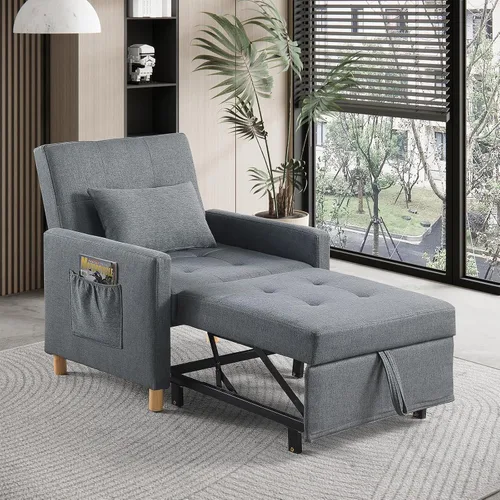 Vista 10 de Silla de cama convertible, sofá cama extraíble con respaldo ajustable, tela de lino, silla convertible con bolsillo lateral para sala de estar