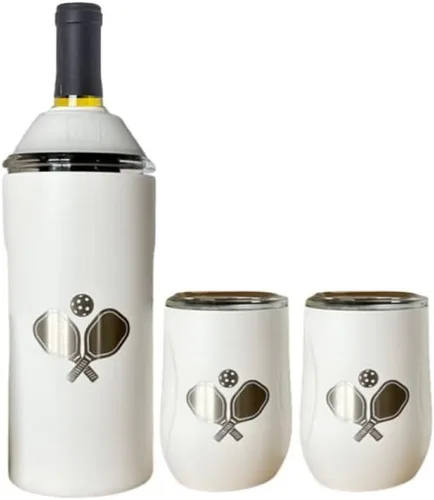 Vista 6 de Vinglacé Juego de regalo enfriador de botellas de vino, enfriador de vino portátil de acero inoxidable con 2 copas de vino sin tallo, color negro