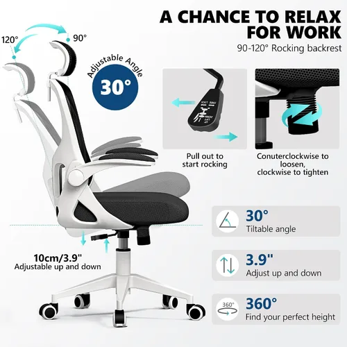 Vista 4 de Silla de oficina ergonómica, silla de escritorio de malla con reposacabezas ajustable y soporte lumbar, silla de computadora con ruedas con Blanco