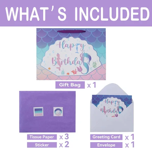 Vista 3 de Qirrmiy Juego de bolsas de regalo de cumpleaños de sirena extra grande de 16.5 pulgadas con asas, tarjeta de felicitación, papeles de seda morados