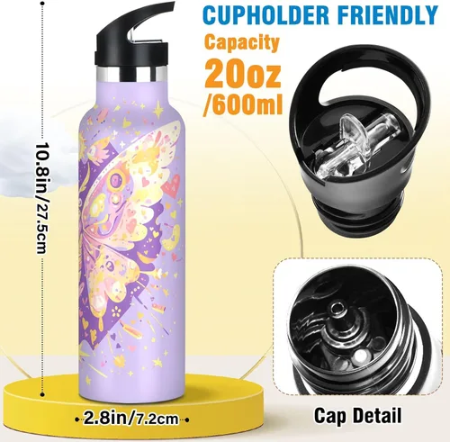Vista 2 de Butterfly Purple Golden Leakproof and BPA Free Kids' Metal Water Bottle with Straw Double-Wall Vacuum Insulation for School Boys Girls