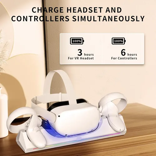 Vista 3 de Eslick Base de carga para Oculus Quest 2Meta Quest 2, estación de carga compatible con indicador LED Meta Quest 2 VR auriculares y controladores