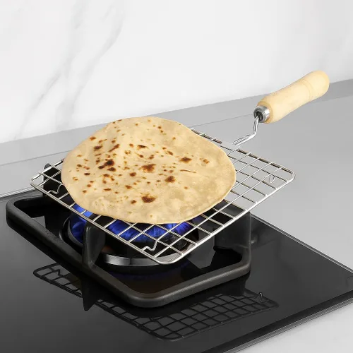 Vista 3 de Papad Jali - Asador de alambre de acero inoxidable Papad Jali, parrilla de asado multifuncional con mango redondo de madera (7.5 pulgadas)