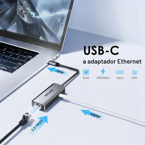 Vista 2 de WAVLINK Adaptador USB C a Ethernet de 2,5 Gbps, adaptador USB a Ethernet de 2,5 G 95W Power for Laptop, USB-C to RJ45 Network Converter