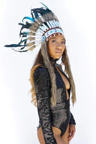 Vista 4 de ZUCKER Tocado tribal inspirado en indios nativos americanos, disfraz de fiesta de plumas grandes para Halloween, cosplay, azul turquesa oscuro