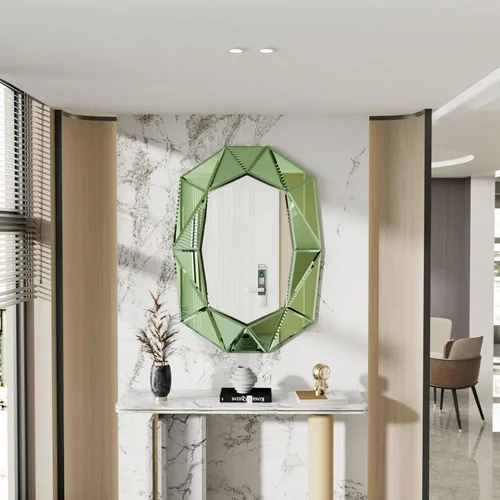 Vista 6 de Espejo de pared ovalado con forma de diamante: marco de espejo verde 39.4 x 27.5 pulgadas Elegante decoración de espejo para el hogar moderno