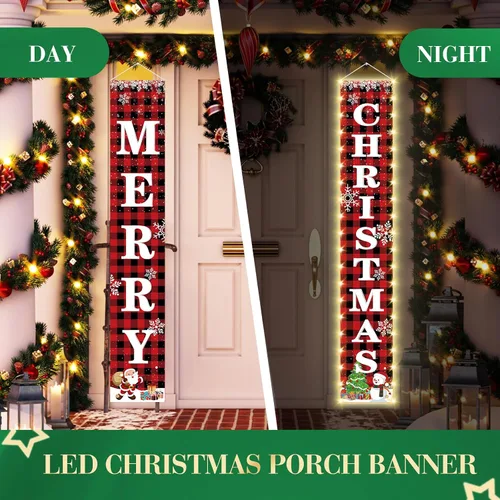 Vista 3 de Cartel iluminado de Feliz Navidad de 71 x 12 pulgadas para puerta, porche, patio, decoración festiva de Navidad, decoración temática de vacaciones
