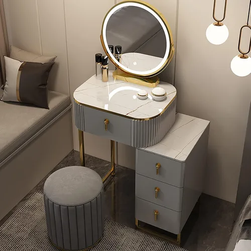 Vista 15 de Juego de mesa de tocador de maquillaje con 3 modos, espejo iluminado ajustable, 5 cajones, mesa de maquillaje con taburete acolchado suave, tocador