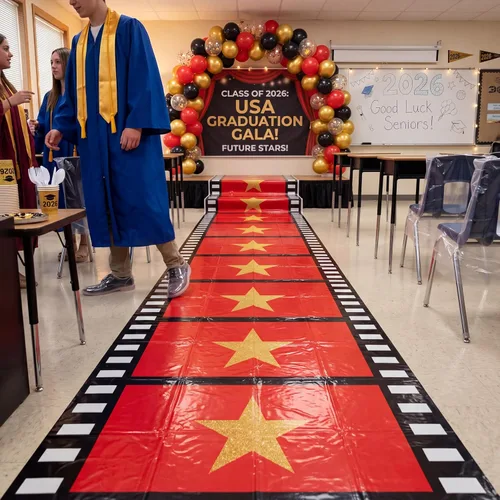 Vista 6 de Woanger Alfombra roja de plástico para fiesta, 30 μm de grosor, desechable, con estrella dorada, para pasillo, pasillo, película, decoración
