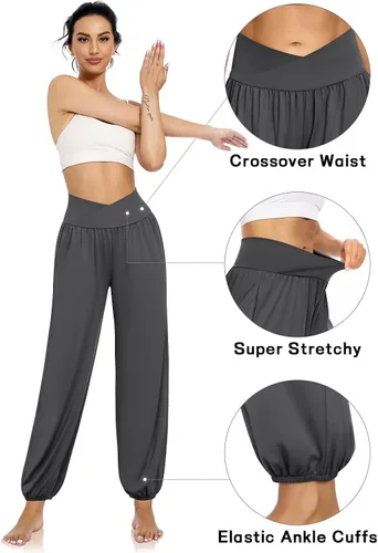 Vista 3 de UEU Pantalones deportivos de yoga con bolsillos para mujer, estilo harem cruzado, cintura alta, holgados, casuales, para descansar, para descansar