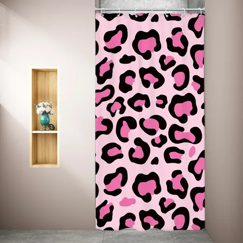 Vista 2 de Riyidecor Cortina de Ducha con Estampado de Leopardo Negro y Rosa Cabina Pequeña RV Estrecha Linda Femenina Moderna Trendy Simple Guepardo 36Wx72H