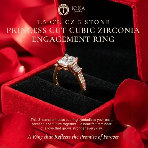Vista 4 de Ioka - Anillo de compromiso de circonita cúbica de talla princesa de 3 piedras de oro macizo de 14 quilates de 1,5 quilates para mujer Anillo