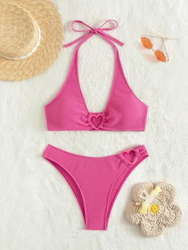 Vista 3 de OYOANGLE Bikini de 2 piezas para mujer, conjunto de traje de baño lindo con anillo de corazón texturizado halter bikini traje de baño