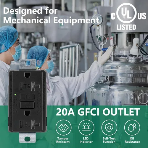 Vista 4 de Generador de 20 amperios GFCI Outlet 125V, estándar UL 2018, interruptor de circuito de falla de tierra de grado industrial de autocomprobación