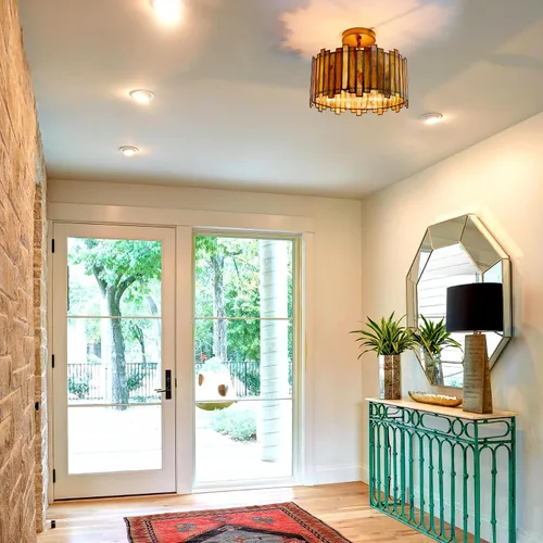 Vista 7 de Lámpara de techo de latón antiguo en forma de tambor, lámpara Tiffany semiempotrada de 12.5 pulgadas con vidrio verde Mable, iluminación colgante