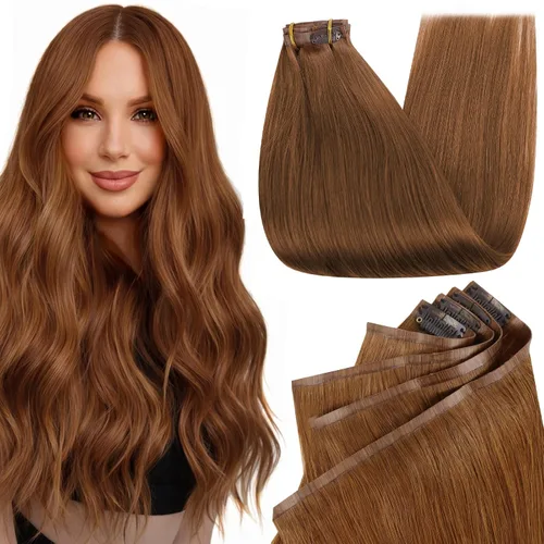 Vista 14 de Full Shine Extensiones de Cabello Rubio con Clip Reflejos Cabello Humano Extensiones con Clip Rubio Ceniza Mezcla Rubio Decolorado PU Extensiones