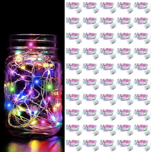 Vista 37 de Aogist Paquete de 24 luces de hadas, 3 modos, 2,1 metros, 20 luces LED, impermeables, cable plateado, funcionan con pilas, mini luces de alambre