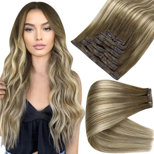 Vista 50 de Full Shine Extensiones de Cabello Rubio con Clip Reflejos Cabello Humano Extensiones con Clip Rubio Ceniza Mezcla Rubio Decolorado PU Extensiones