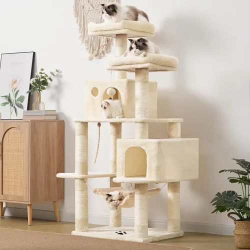 Vista 2 de Hey-brother - Mueble grande de casita de gato multinivel con postes rascadores cubiertos de sisal, 2 condominios de felpa más grandes, hamaca Beige