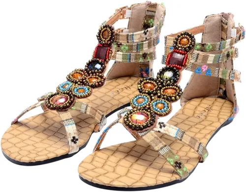 Vista 9 de Odema Sandalias planas para mujer, con cuentas bohemias, con cremallera trasera, zapatos elegantes