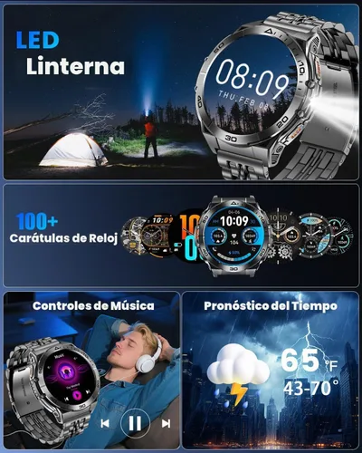 Vista 7 de Military Smart Watch for Men (2 Bands), AMOLED Rugged Tactical Smartwatch with Flashlight & Bluetooth Call, Waterproof Fitness Tracker with 116