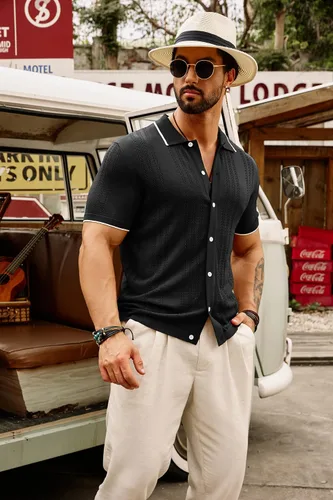 Vista 5 de GRACE KARIN Polo de punto transpirable para hombre, camisas con botones de bolos ahuecados