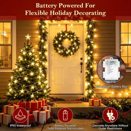 Vista 7 de 20FT 60LED Christmas Star Fairy String Lights Battery Operated Warm White 8 Lighting Modes with Timer Function IP44 Waterproof Design for Christmas