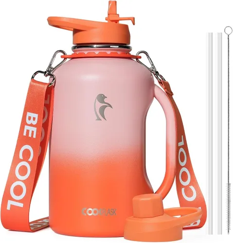 Vista 9 de Coolflask - Botella de agua aislada de 64 onzas, jarra de agua de medio galón con asa, popote de acero inoxidable, doble pared, de metal al vacío