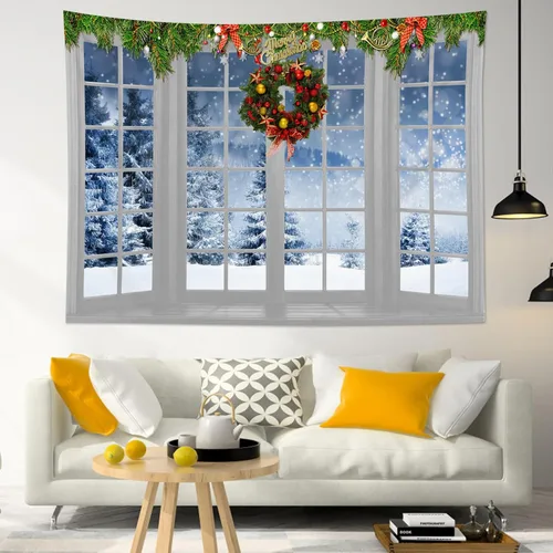Vista 2 de HVEST Tapiz navideño de invierno para colgar en la pared, bosque de pinos nevados con copo de nieve a través de ventana, tapiz de corona de Navidad