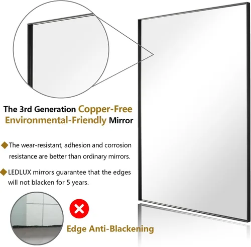 Vista 2 de LEDLUX Espejo de baño negro de 20 x 36 pulgadas, espejo sin cobre, espejo de tocador con marco de aleación de aluminio, espejo rectangular montado