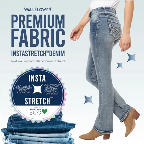 Vista 6 de WallFlower - Pantalones de mezclilla con curvas deliciosas y corte bota para mujer, denim elástico de cintura media, tallas inclusivas para jóvenes