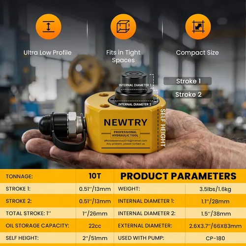 Vista 3 de NEWTRY 10T Low Profile Hydraulic Ram Jack, 1" Stroke Multi-Section Compacto para espacios reducidos, elevación portátil para maquinaria, puentes