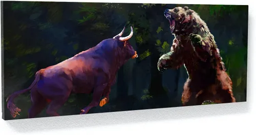 Vista 15 de Sense Canvas Bull vs Bear Money Small 20 x 8 / 0.75 pulgadas - Stock Market Bull vs Bear Financial Wall Street Office Entrepreneur Decor Wall Art