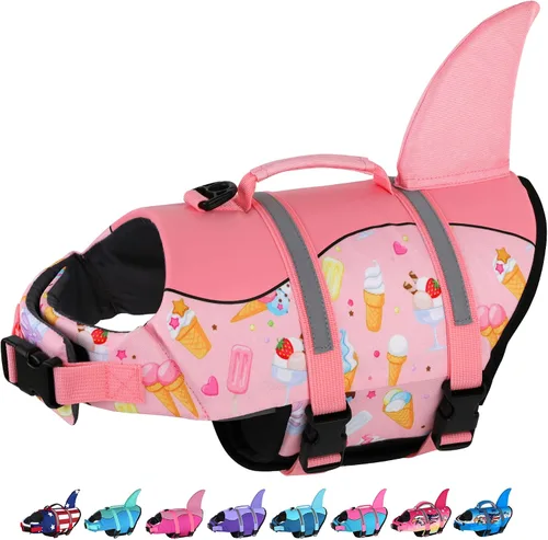 Vista 12 de Dogcheer - Chaleco salvavidas para perros, lindo diseño de tiburón para natación y navegación con flotabilidad superior y asa de rescate, chaleco