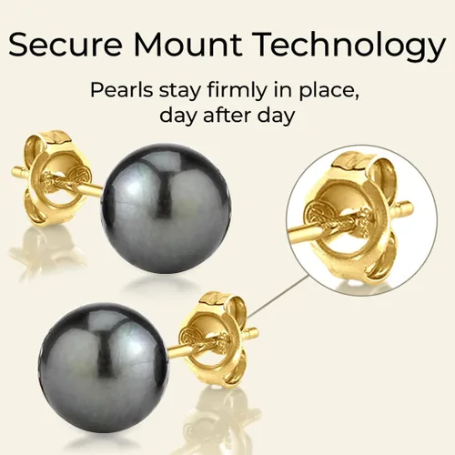 Vista 7 de The Pearl Source Tahitian Pearl Stud Earrings for Women, Genuine Cultured Black Pearls in 14K White and Yellow Gold, Hypoallergenic Jewelry