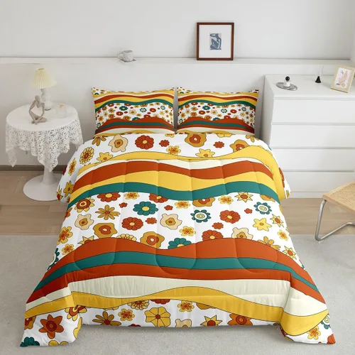 Vista 23 de Juego de ropa de cama con estampado floral bohemio, tamaño individual, diseño retro de flores groovy, 60S y 70S, juego de edredón de flores hippie