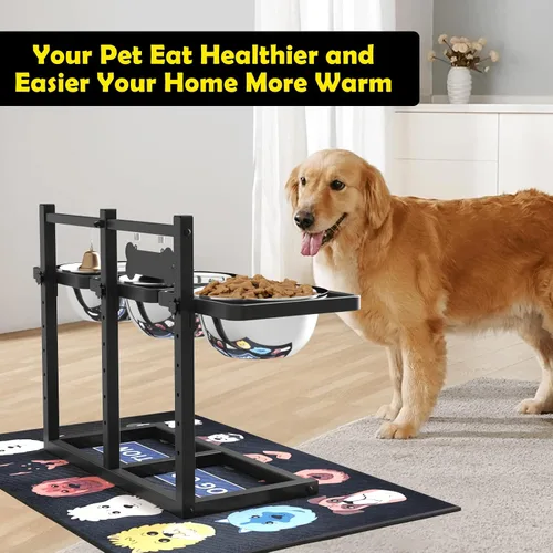 Vista 7 de Soporte elevado para perros medianos y grandes con comedero lento y tapete, altura ajustable de 3.9, 5.5, 7.1, 8.7, 10.2, 11.8 pulgadas, comederos