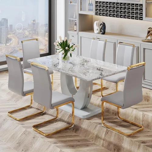 Vista 82 de JUFU Juego de mesa de comedor moderno para 4, juego de mesa de cocina rectangular de 63 pulgadas con mesa de mármol sintético y 4 sillas tapizadas