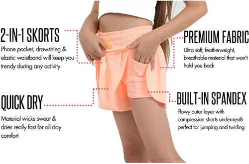 Vista 5 de Paquete de 3 pantalones cortos fluidos para niñas con forro de elastano, 2 en 1, faldas de mariposa para jóvenes, para fitness, correr, deportes