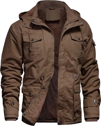 Vista 12 de Chaqueta de invierno para hombre, chaqueta militar, chaqueta tipo cargo con forro polar, chaqueta cálida con capucha desmontable, chaqueta