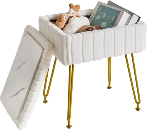 Vista 4 de IBUYKE Silla Taburete con Espacio de Almacenamiento, Reposapiés Taburete Otomano, Mesa Auxiliar Pequeña, con 4 Patas de Metal, con Pies Blanco