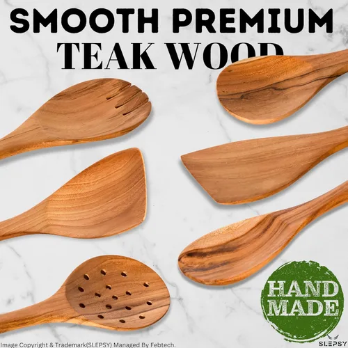 Vista 4 de Juego de 6 cucharas y utensilios de madera para cocinar, herramientas de cocina de madera de teca de acabado liso con agarre cómodo, cucharas