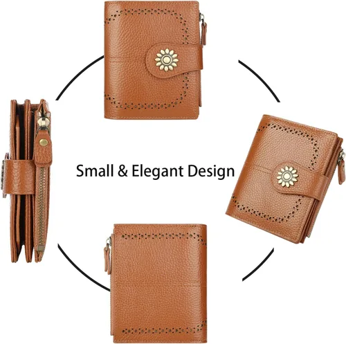 Vista 3 de Lavemi Cartera de cuero para mujer, pequeña, compacta, con bloqueo RFID, con bolsillo con cremallera