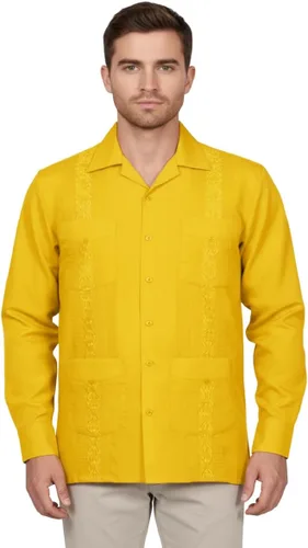 Vista 10 de NE PEOPLE Camisa de manga larga bordada con botones de guayabera cubana para hombre (S-4XL)