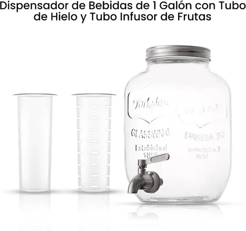 Vista 2 de Dispensador de bebidas de 1 galón. Dispensador de bebidas de vidrio con espita de acero inoxidable más cilindro de hielo e infusor de frutas.